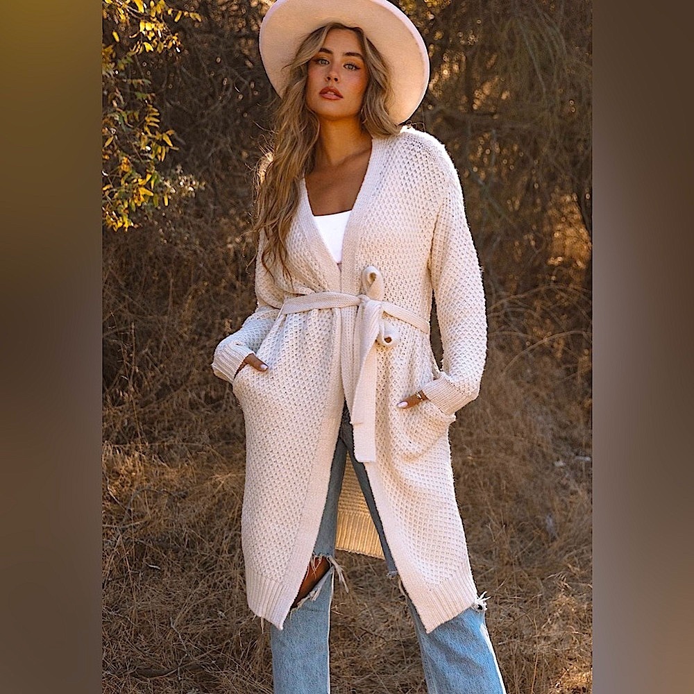 Love Stitch Honeycomb Belted Cardigan in Cream